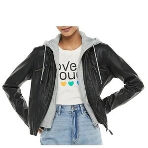 Jou Jou Hooded Faux Leather Jacket Women's Black Faux Leather Jacket with Hood
